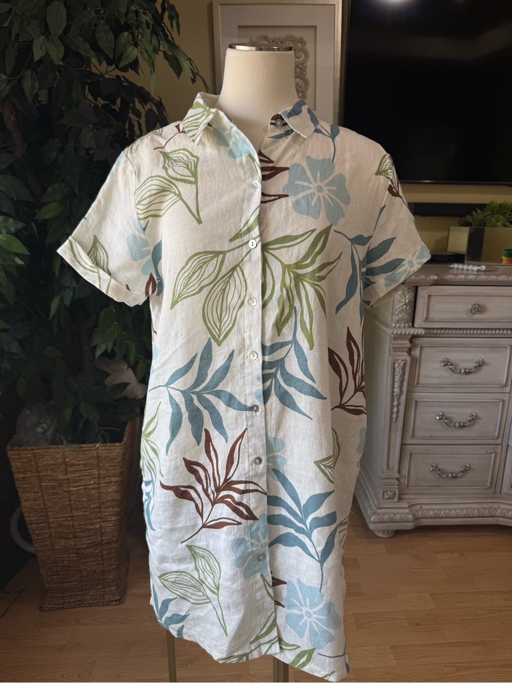 Cc California 100linen Floral Button-Front Shirt Dress Leaf Print size large